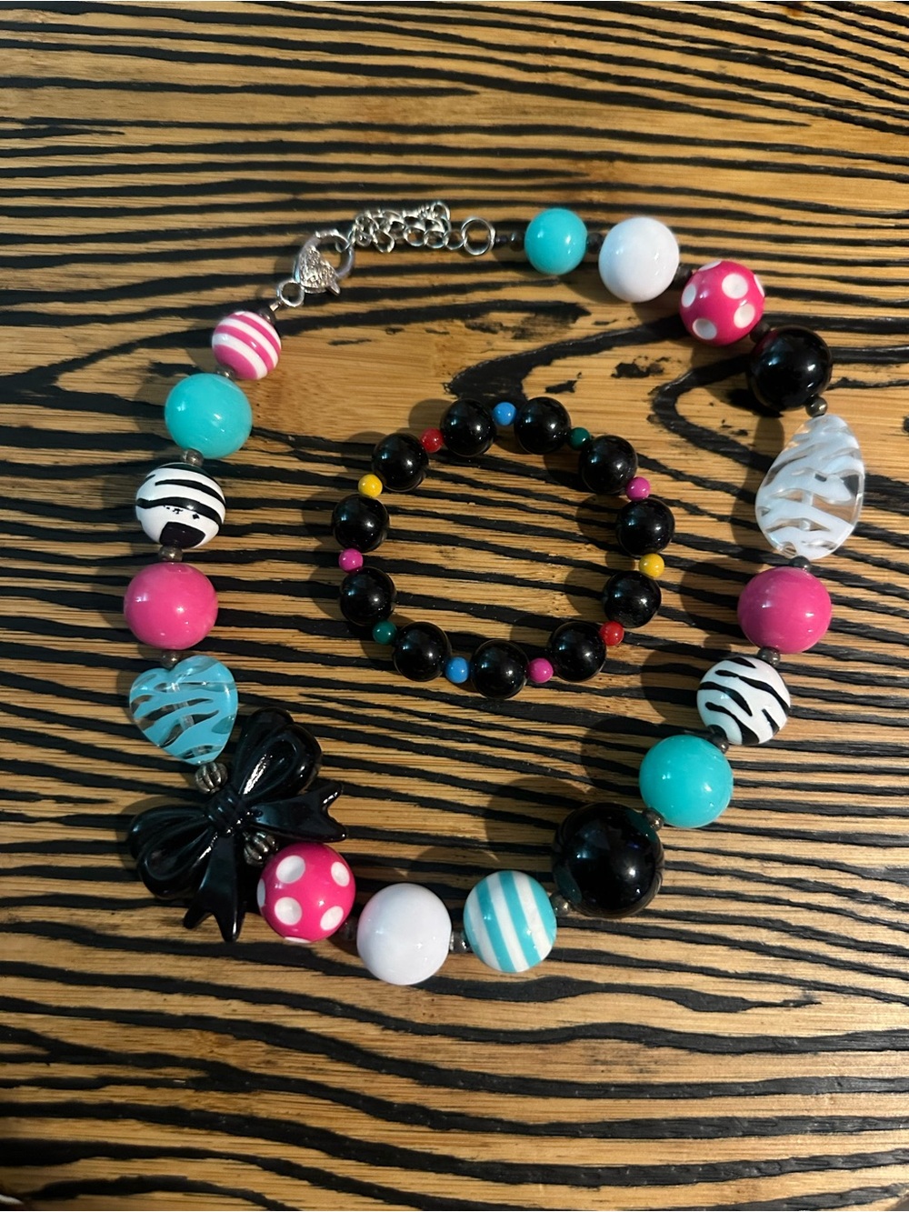 Multicolor Bead Necklace & Bracelet Set - Pink, Teal Black